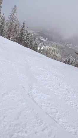 Vertical-Video-POV-Shot-Of-Skier-Skiing-Down-Snow-Covered-Slope